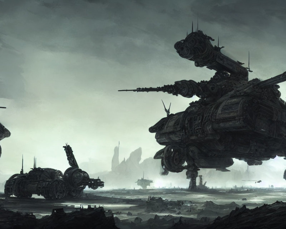 Futuristic war machines in dystopian landscape above desolate terrain