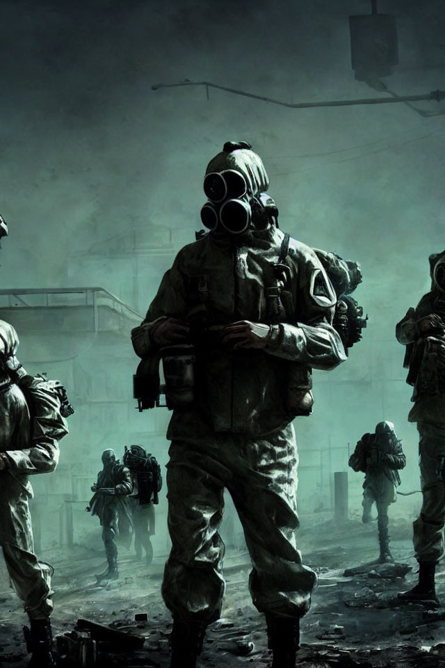 Soldiers in hazmat suits and gas masks in misty, post-apocalyptic scene