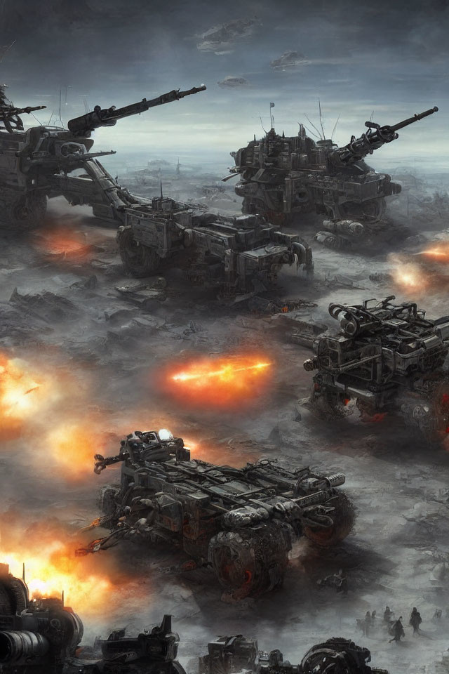 Dystopian battlefield with armored vehicles and artillery amidst soldiers