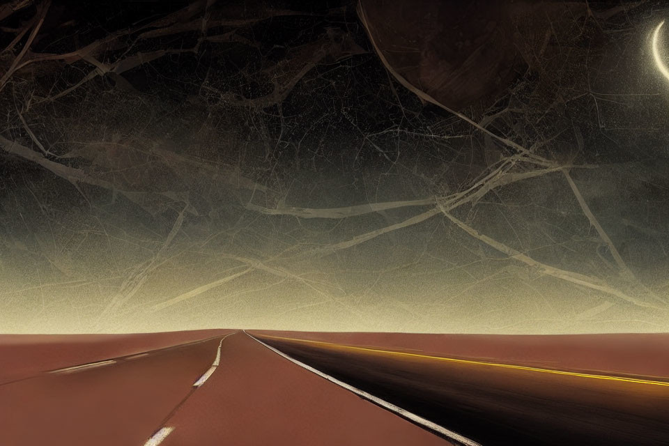 Desolate highway under dark textured sky with crescent moon