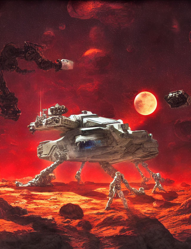 Sci-fi battle scene on red alien planet with war machines and troopers