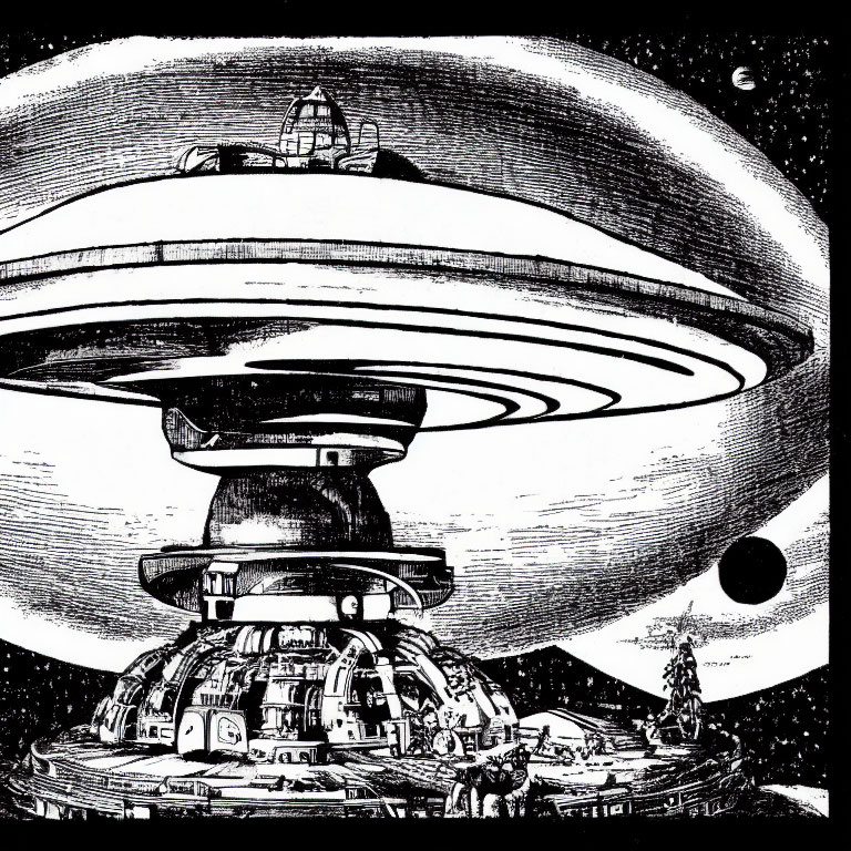 Detailed Black and White Futuristic Space Station Illustration in Outer Space