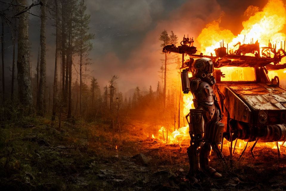 Futuristic soldier in armor beside flaming tank in forest battle