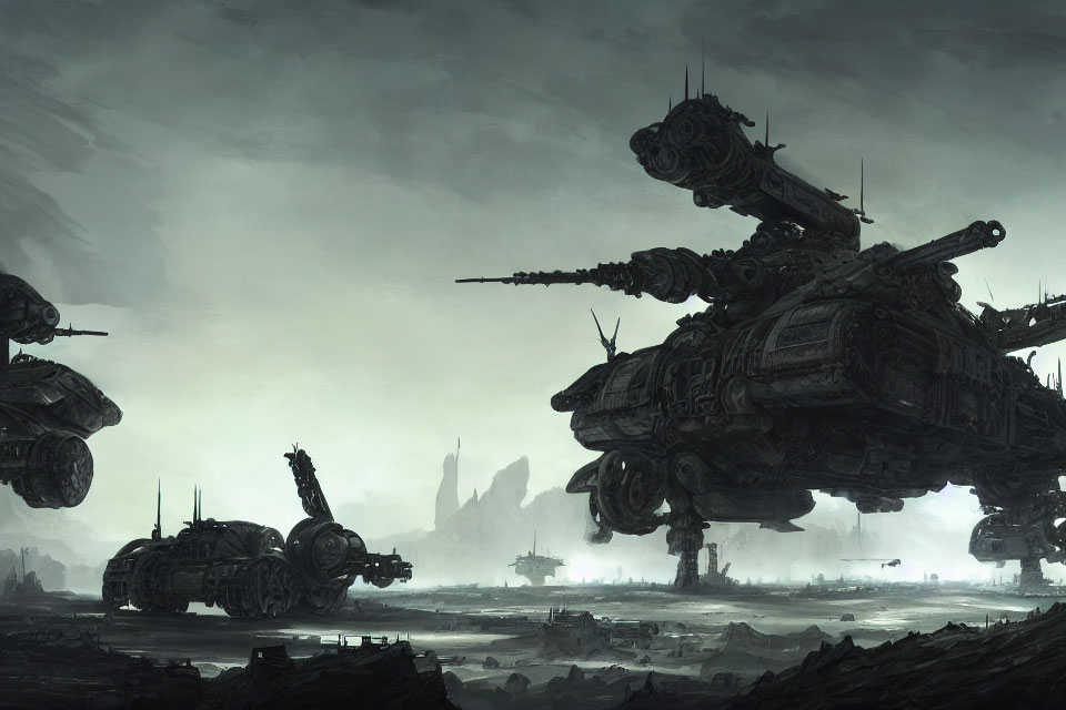 Futuristic war machines in dystopian landscape above desolate terrain