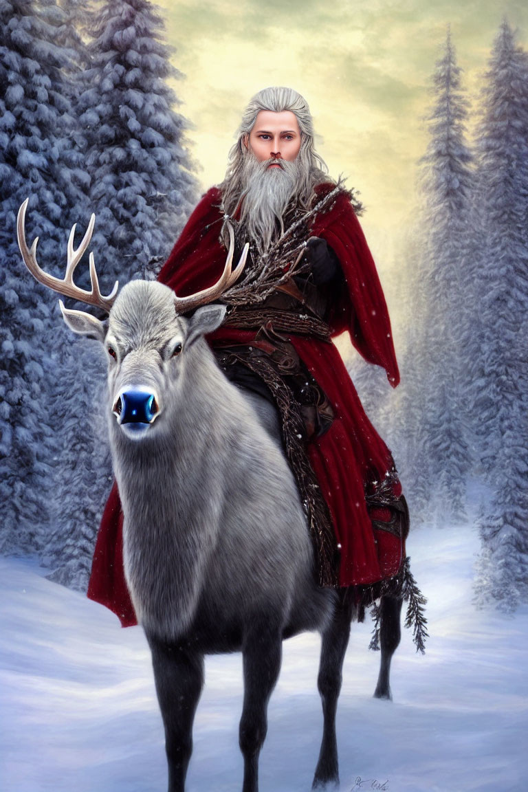 Bearded man in red cloak with reindeer in snowy forest