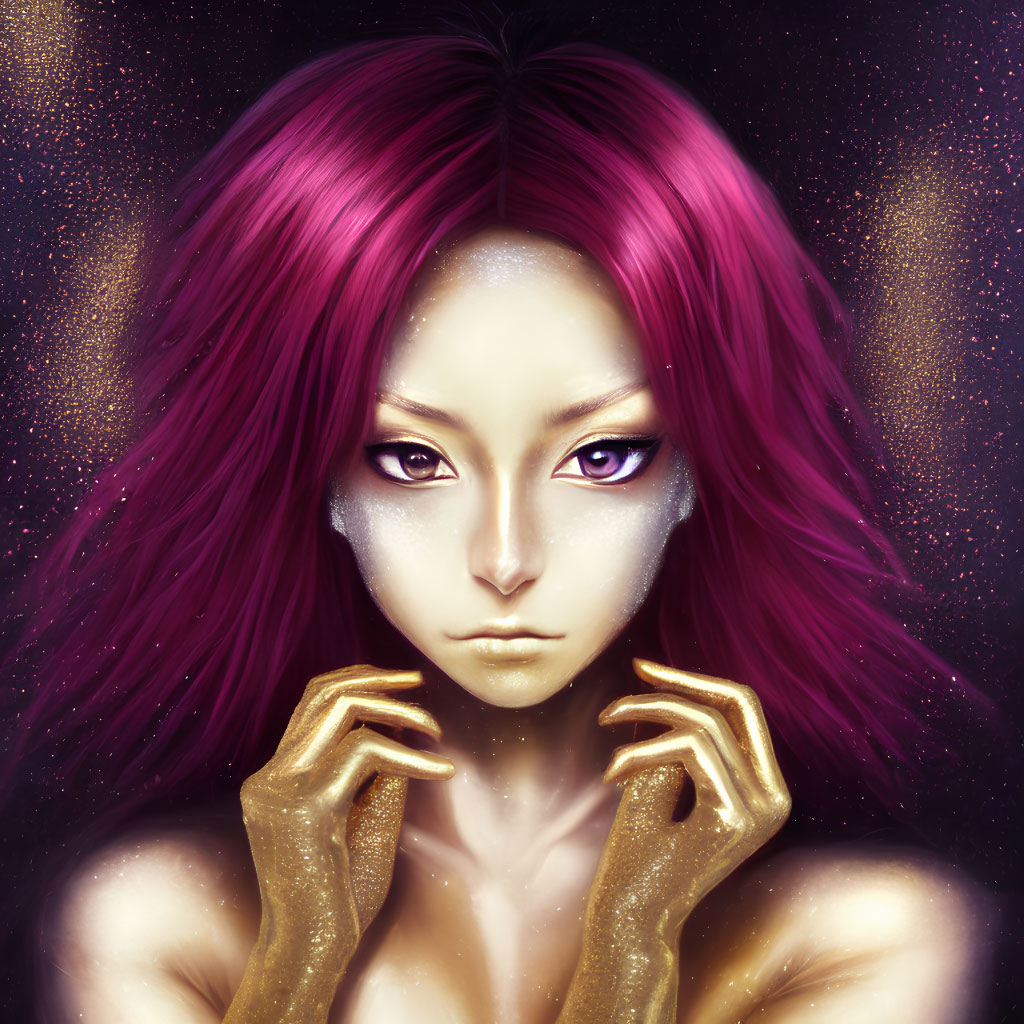 Digital artwork: Mysterious figure with pink hair, golden eyes, and gold hands on starry backdrop