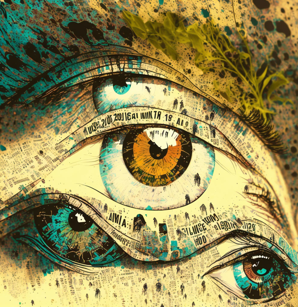 Vibrant human eyes digital art with newsprint overlay