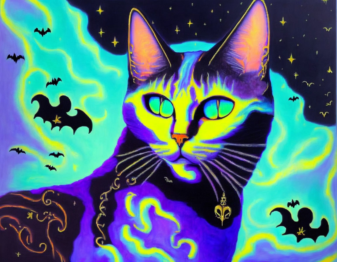 Colorful Cat Art with Cosmic Background and Bats