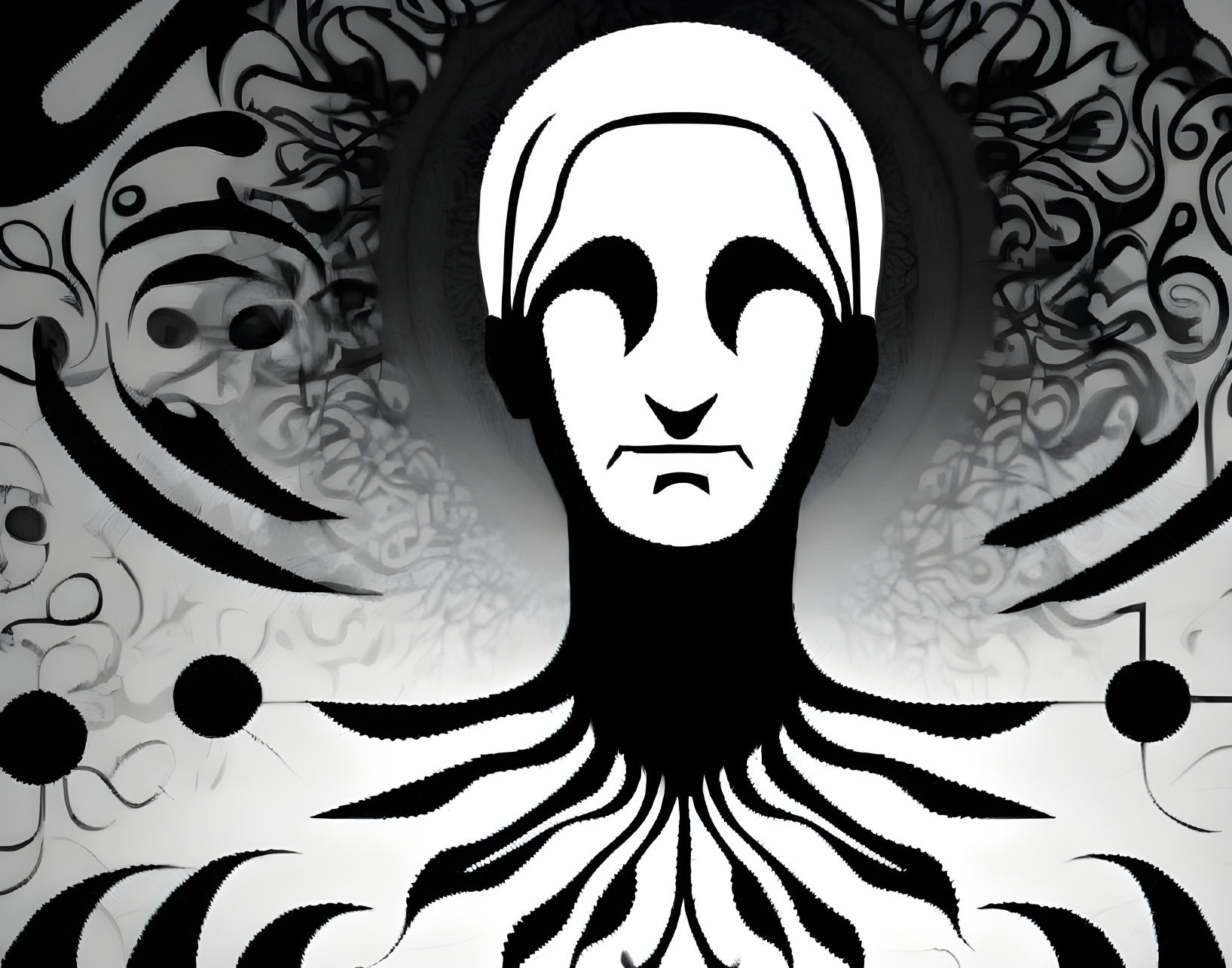 Monochromatic abstract art of stylized human face with swirling organic shapes