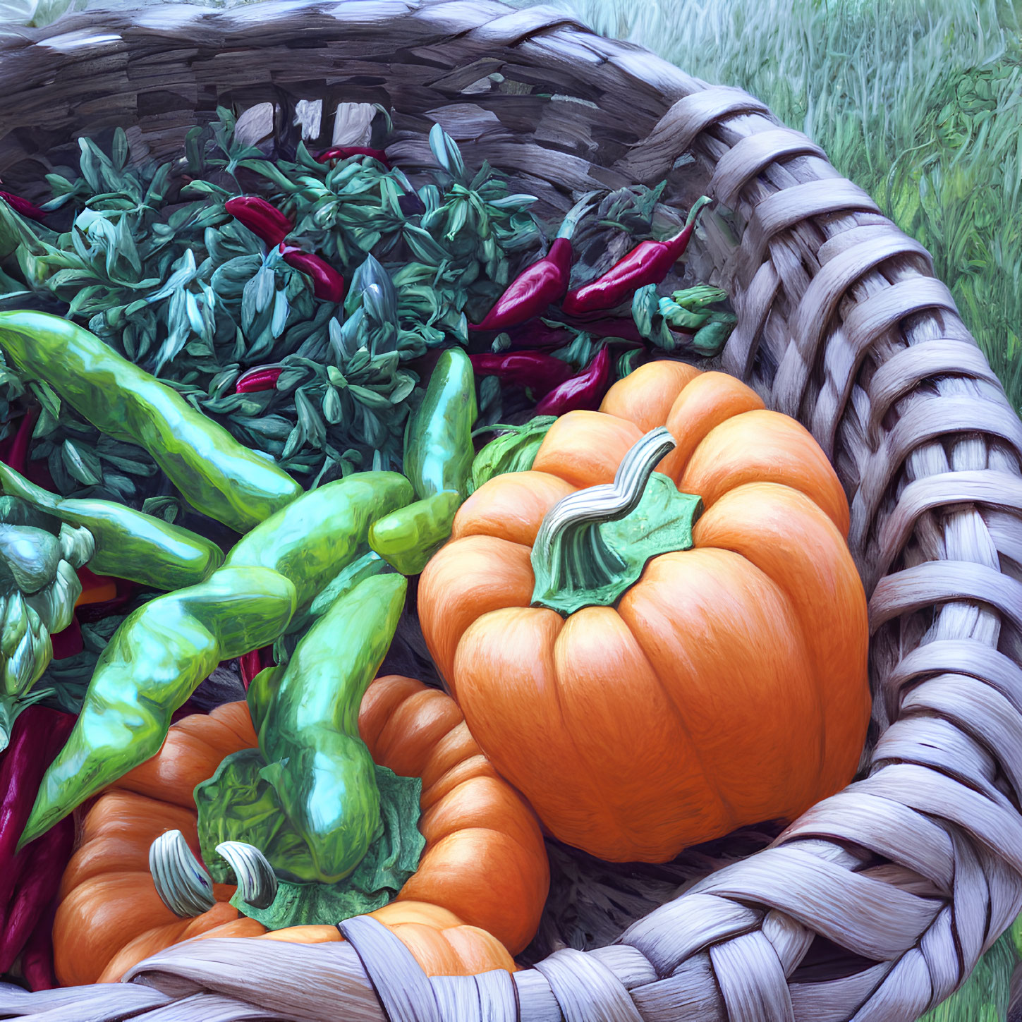 Vibrant vegetable wicker basket with chilies, peppers, and pumpkin