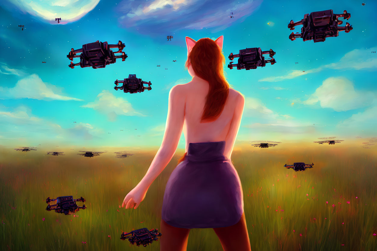 Cat-eared woman in field with flying drones and colorful twilight sky