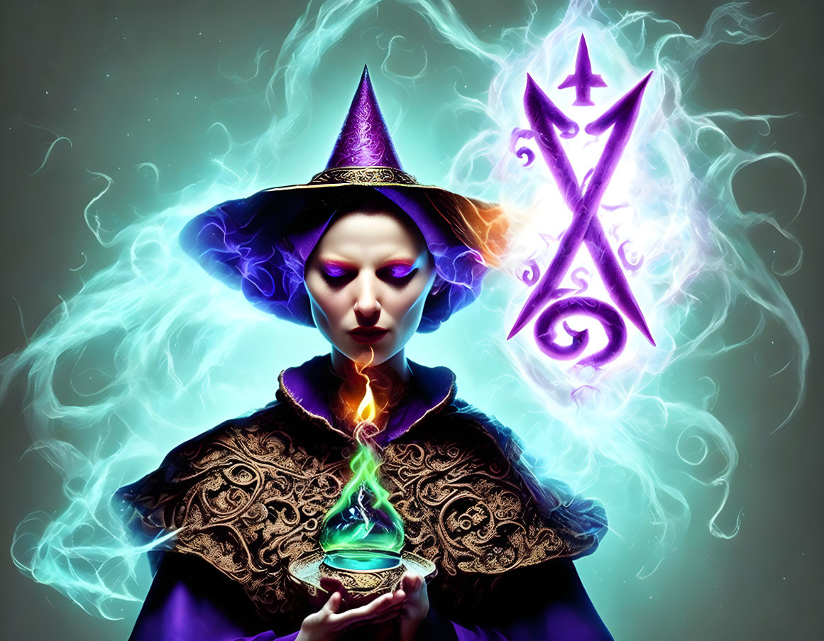 Mystical witch with glowing potion and symbols on dark background