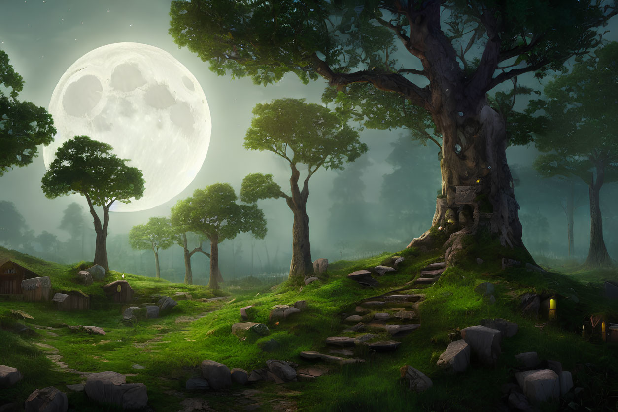 Enchanting night forest with full moon, ancient tree, stone path, lanterns, and small