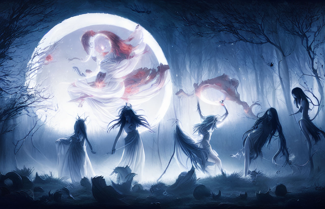 Ethereal beings dancing under a full moon in a mystical forest