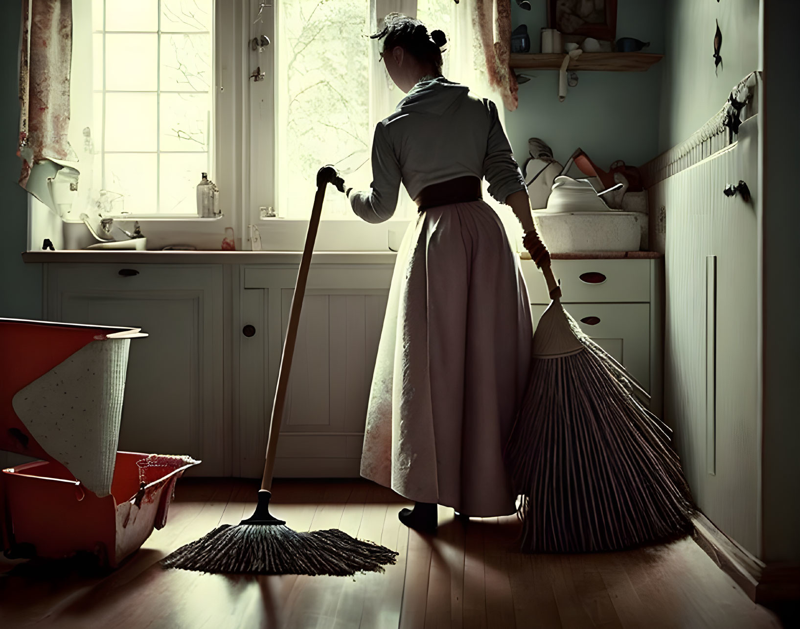 Vintage maid cleaning rustic kitchen with broom, mop, and red bucket