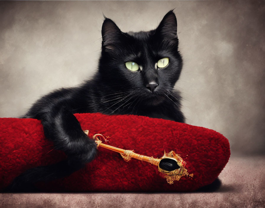 Black Cat with Green Eyes and Golden Key on Red Pillow