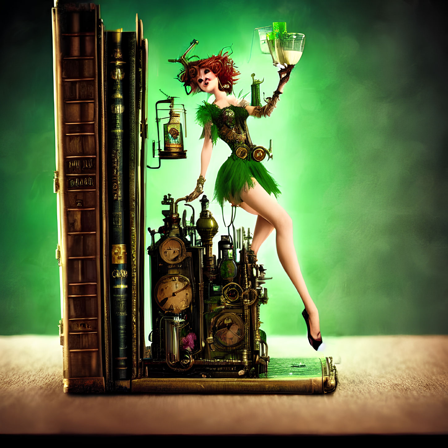 Steampunk-inspired woman balancing on clockwork machinery with books, holding absinthe glass