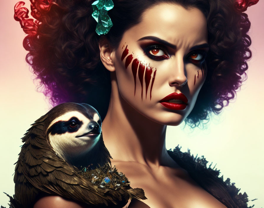 Woman with dramatic makeup and sloth in dimly lit setting