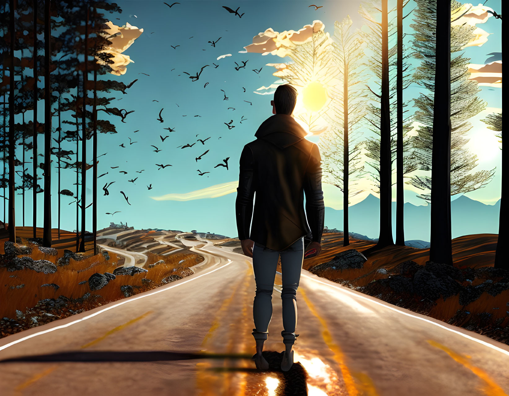 Person standing on winding road in forest at sunset with flying birds