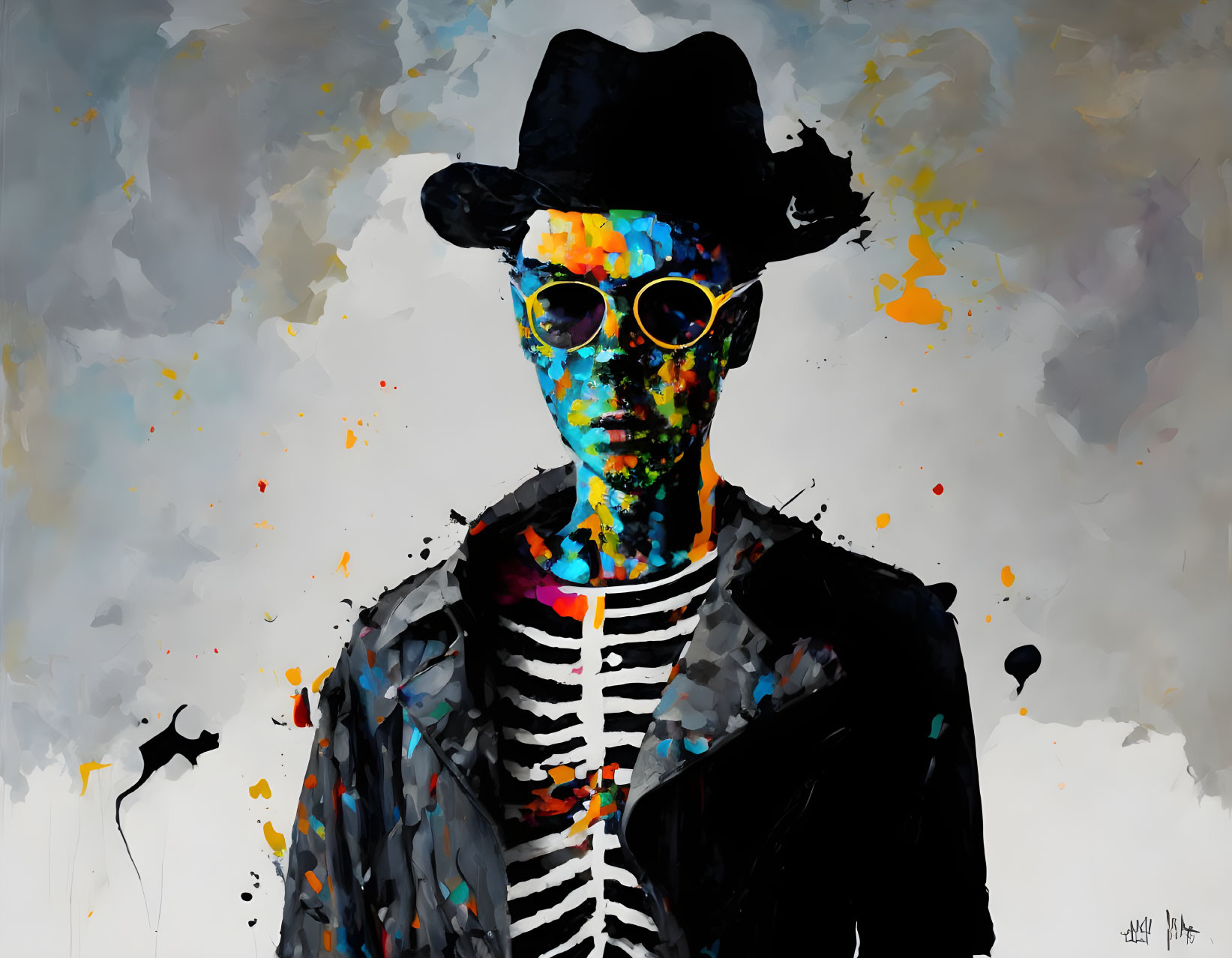 Colorful Abstract Painting: Person with Fedora and Sunglasses in Splattered Paint Effect