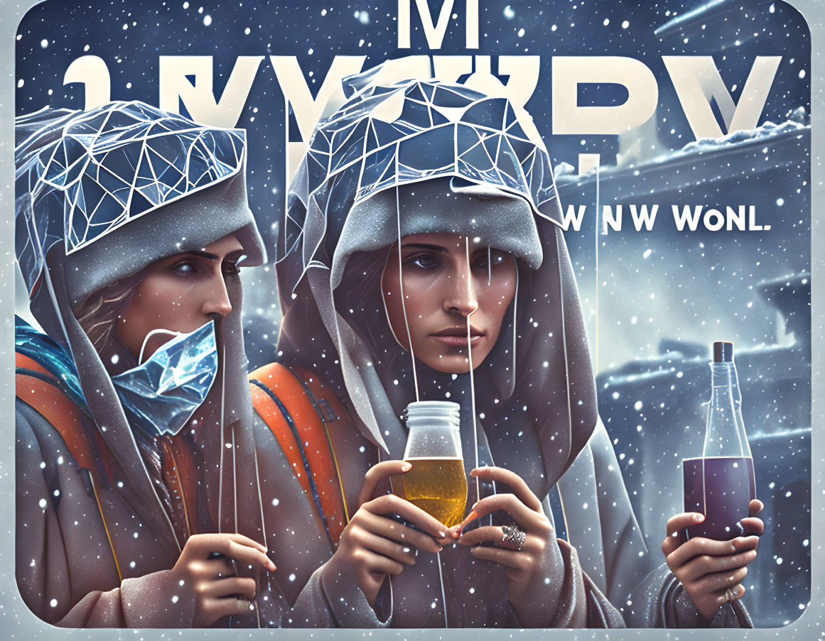 Two individuals in winter hoods with geometric patterns, one holding a glowing bottle and the other a mobile