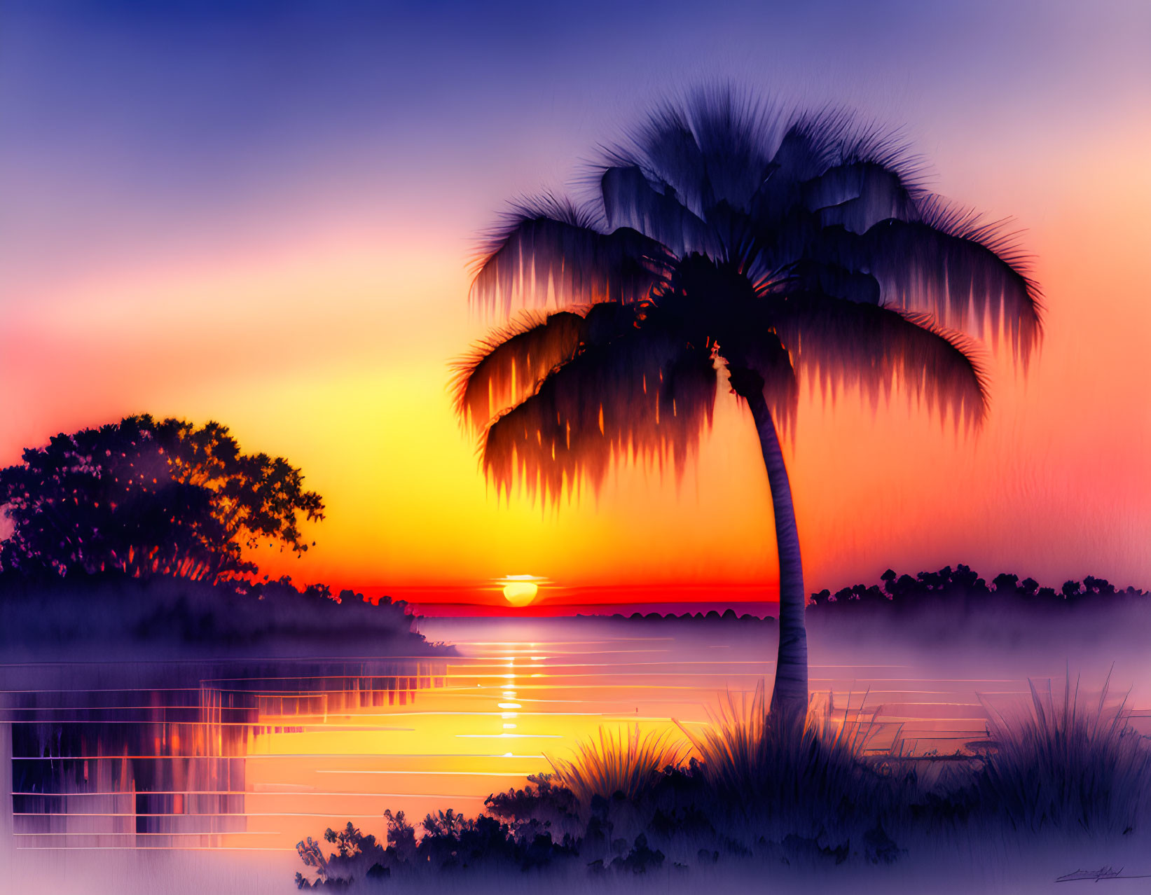 Digital artwork: Palm tree silhouette at sunset with warm colors