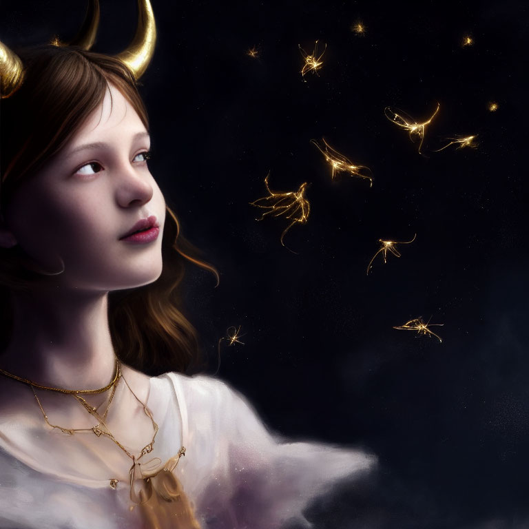 Girl with Horn Accessories Surrounded by Golden Fairies in Starry Background