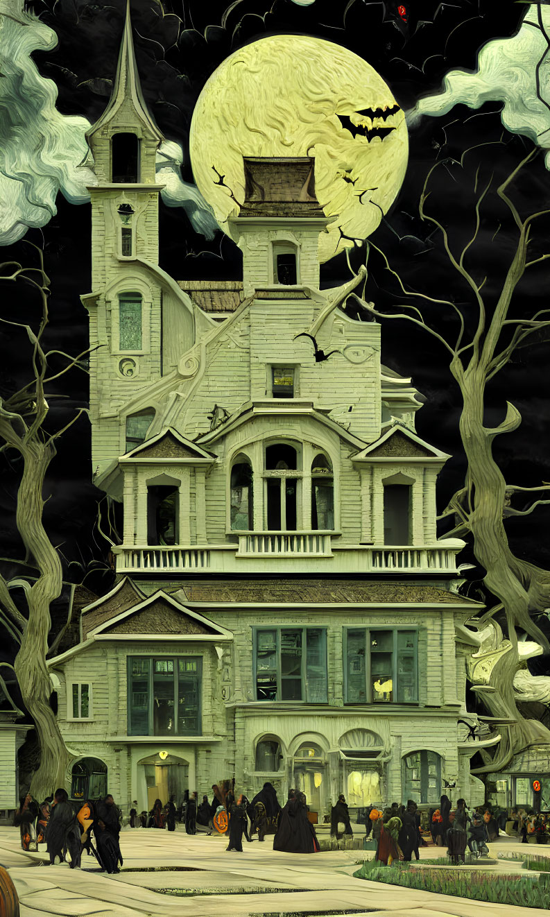 Spooky haunted house with bats, moon, and Halloween revelers