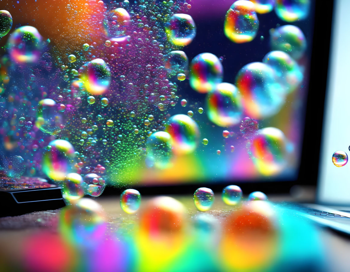 Colorful soap bubbles in front of computer screen with vibrant colors.