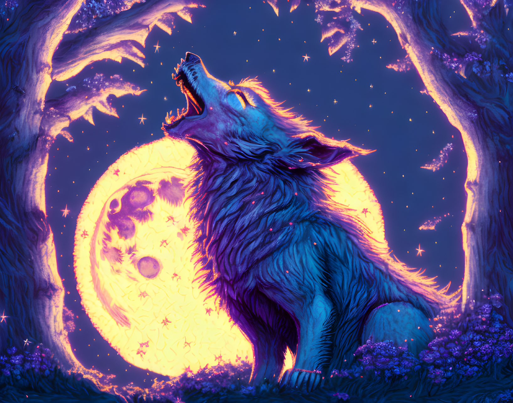 Radiant Blue Wolf Howling in Mystical Night Scene