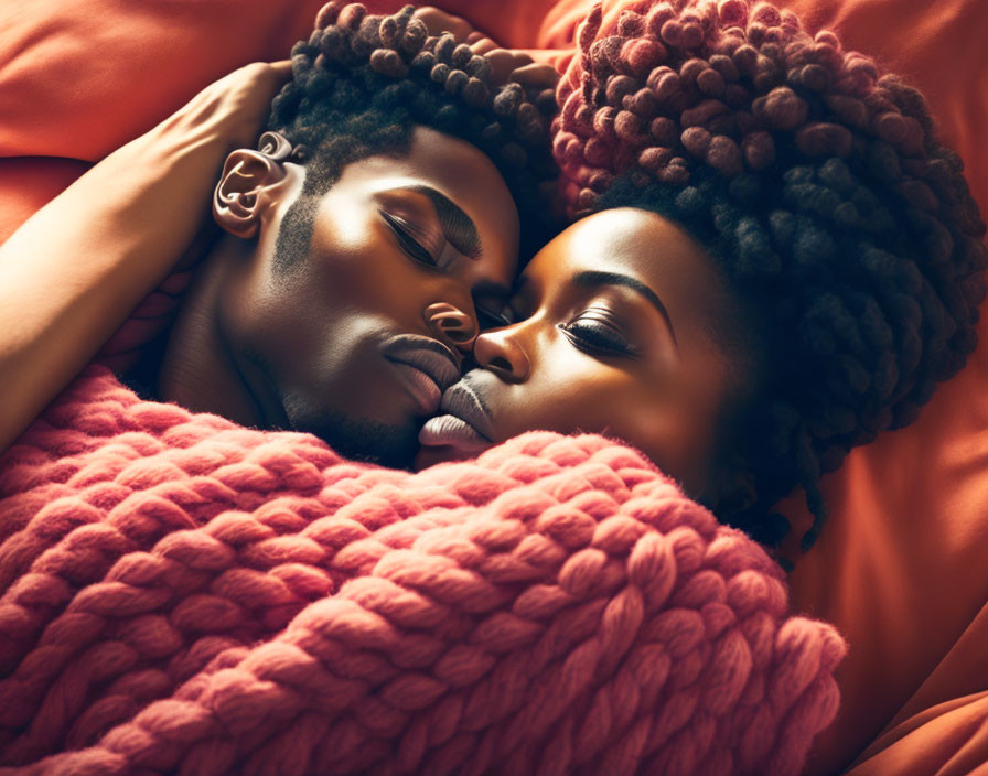 Couple under chunky knit blanket in peaceful embrace