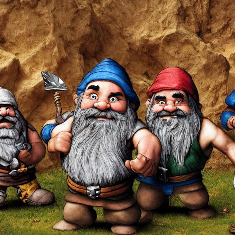 Colorful tunics and caps: Three animated dwarfs with beards on sandy background