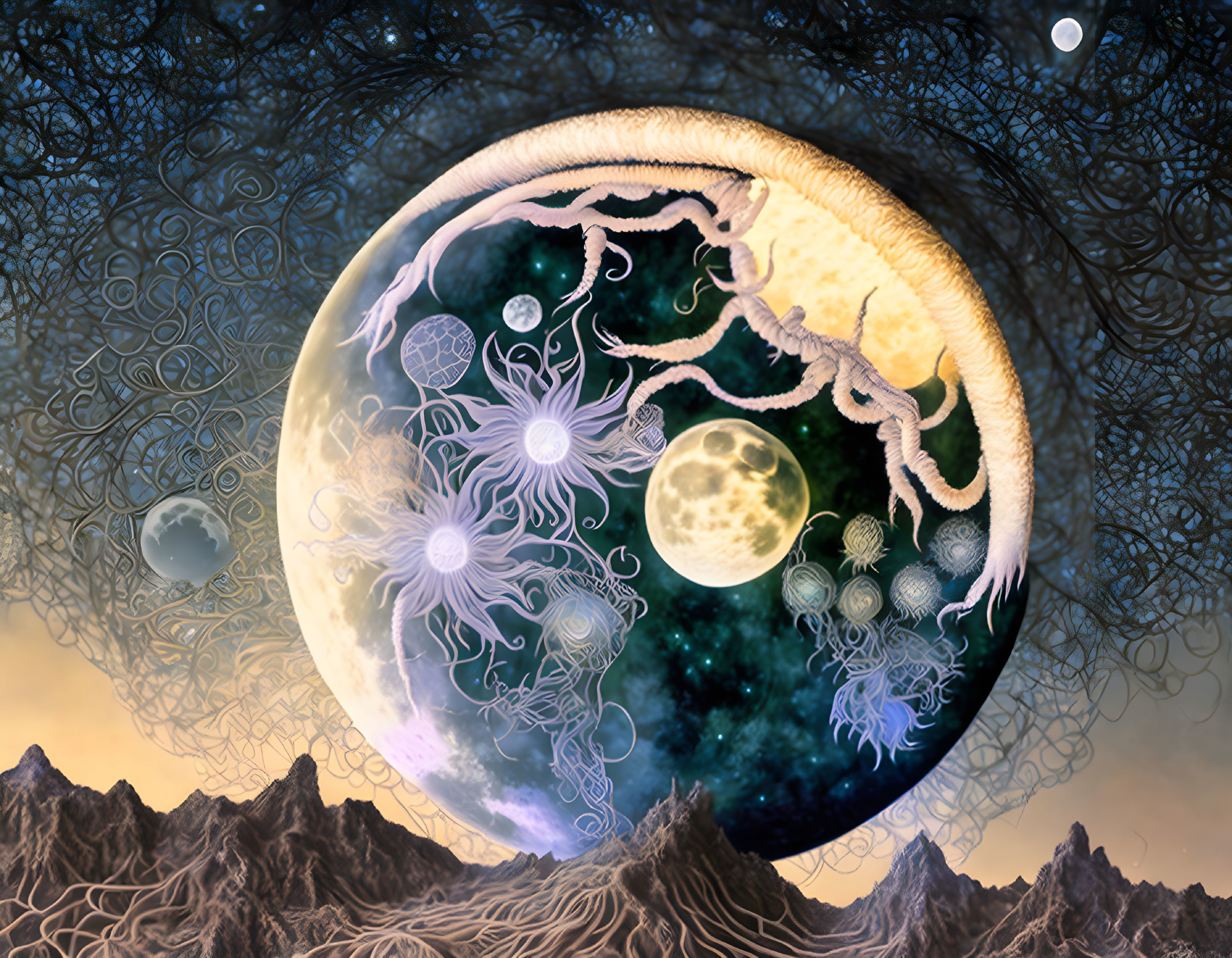 Surreal cosmic scene: large moon, tree-like structures, jellyfish, starry sky,