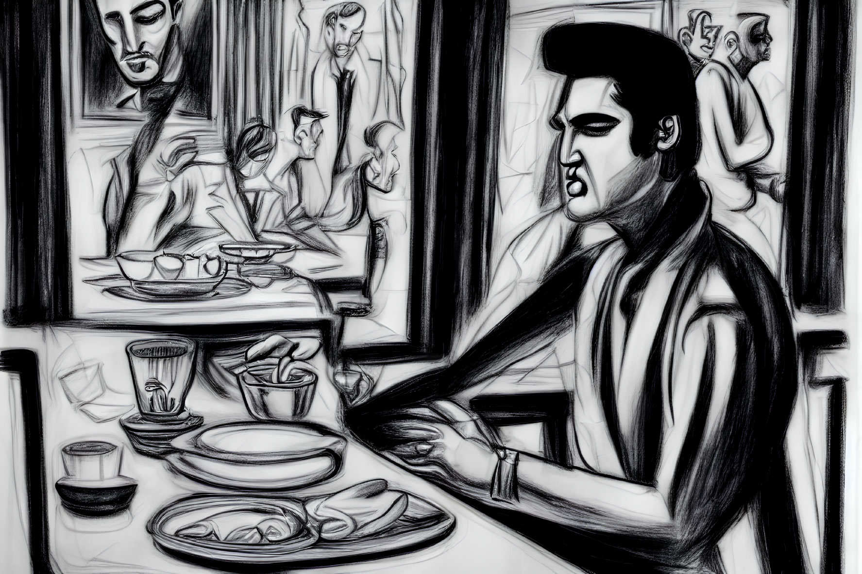 Monochrome sketch of stylized man resembling Elvis Presley in cafe scene