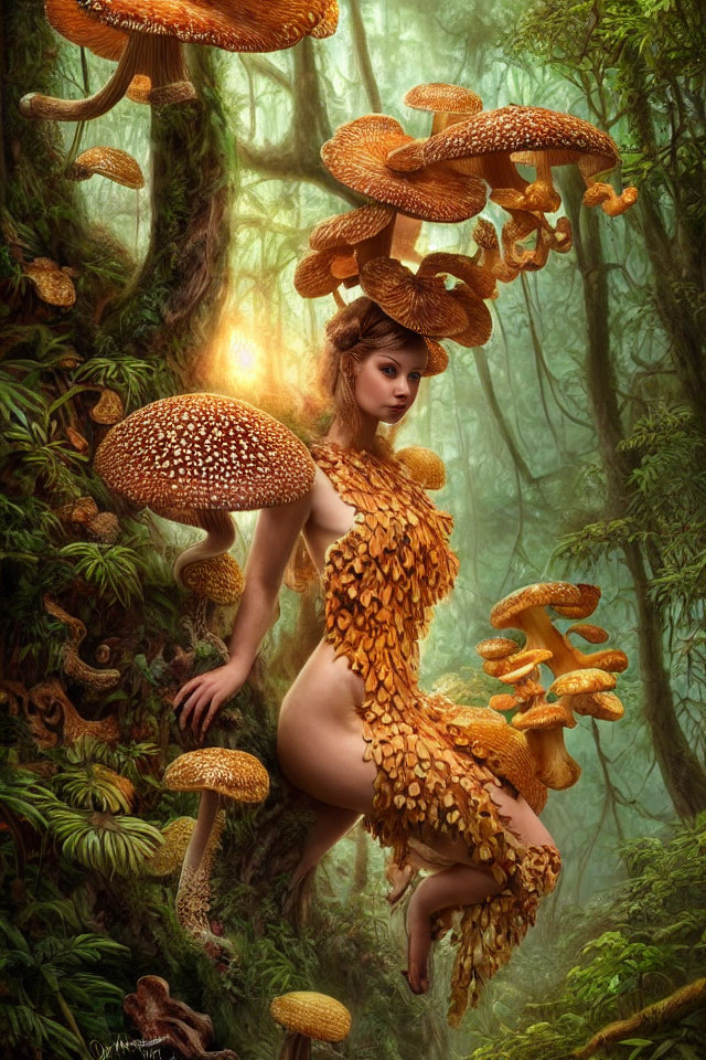 Fantastical female figure with mushroom features in enchanted forest landscape