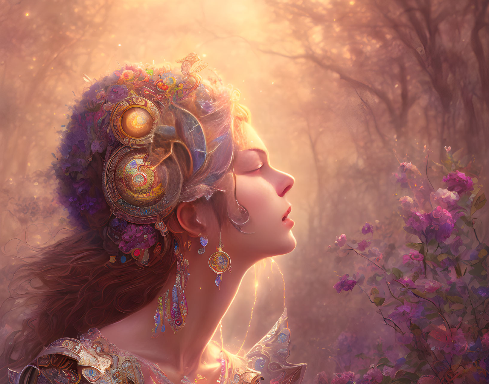 Ethereal woman with ornate jewelry in mystical forest