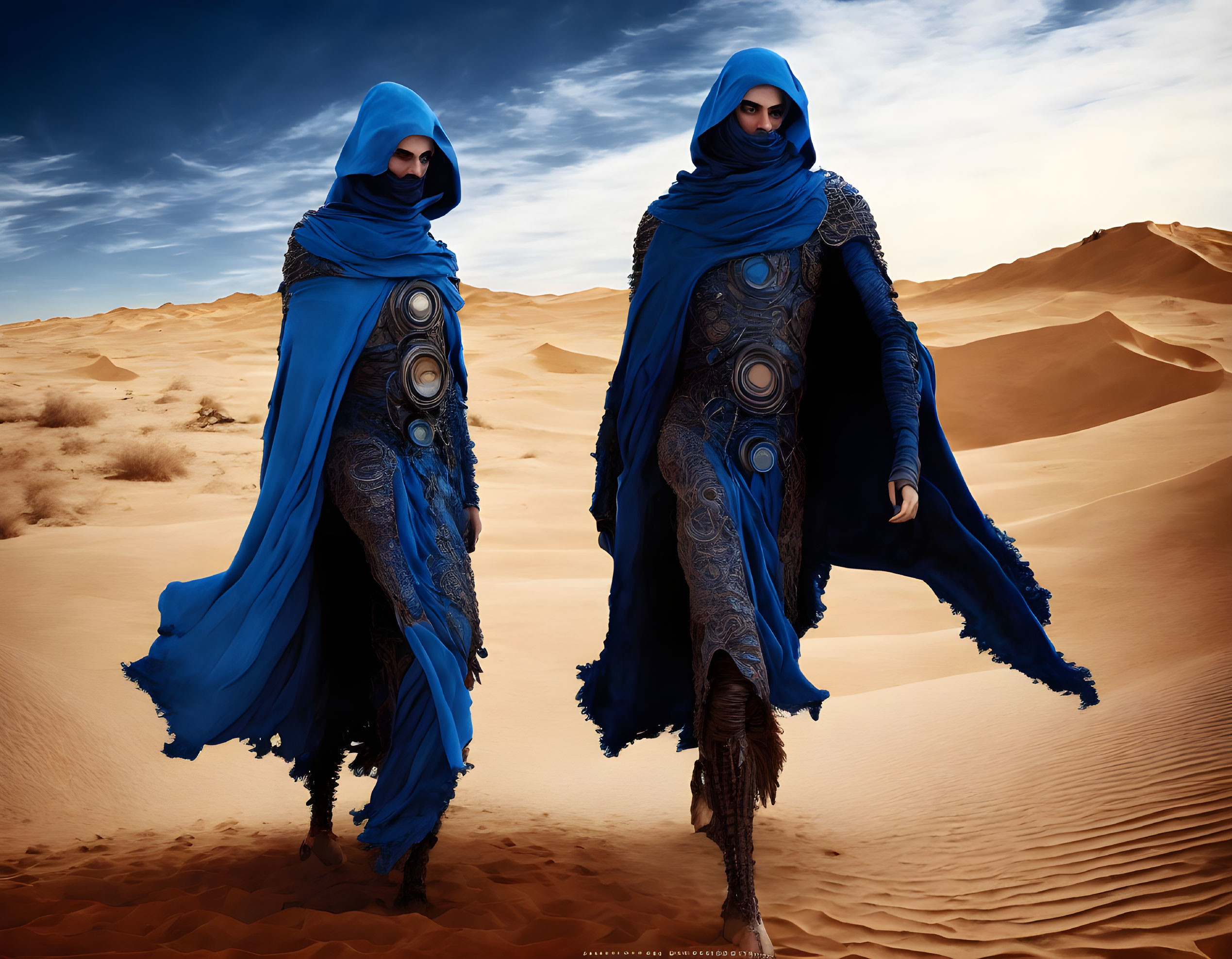 Two figures in ornate blue robes in desert landscape.