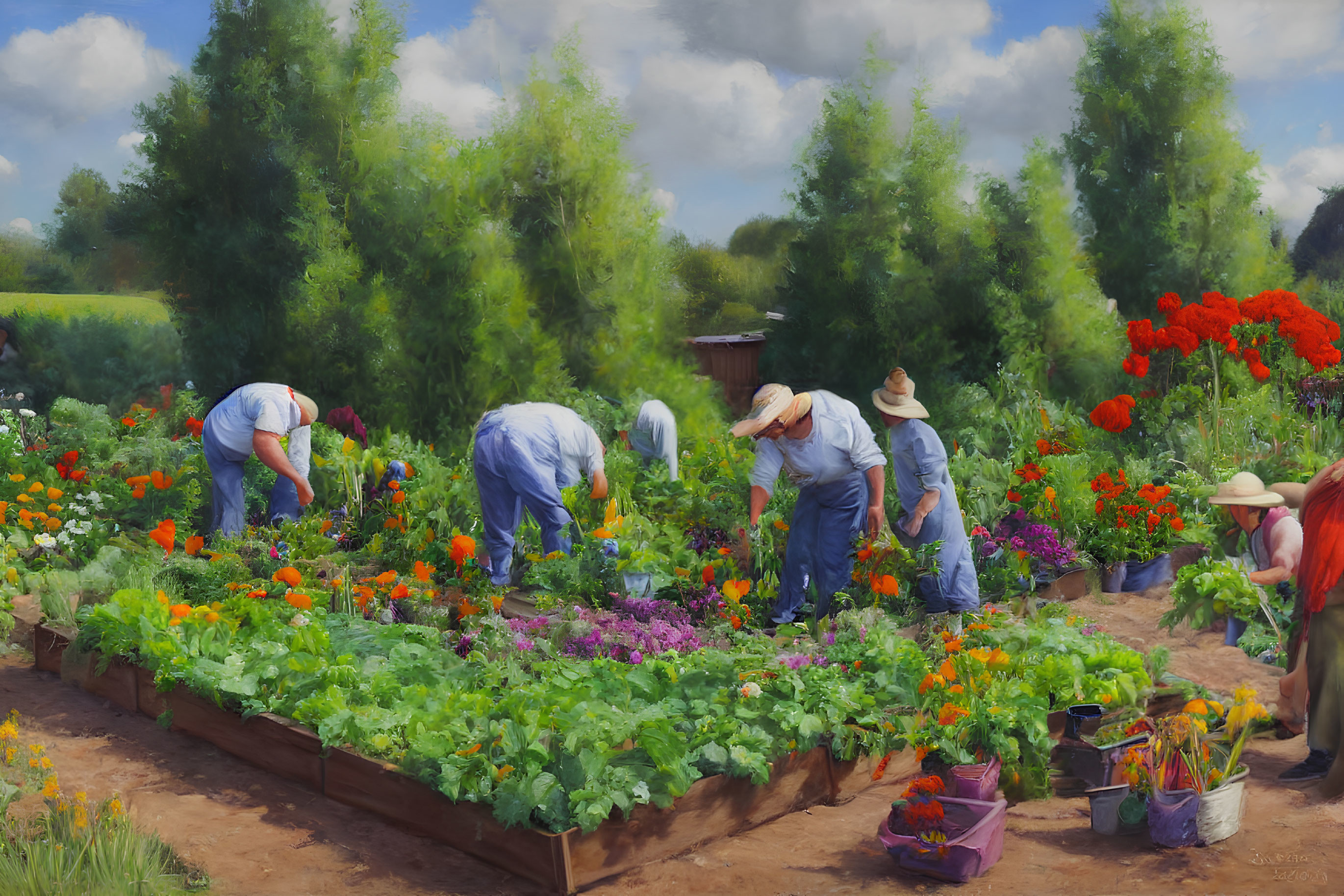 Vibrant flower garden tended by group under blue sky