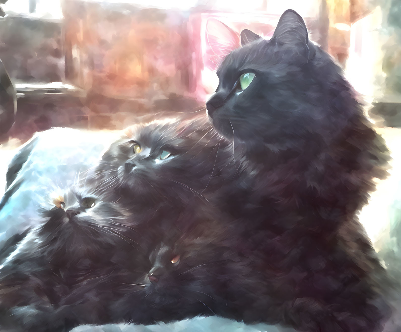 Fluffy Black Cats with Green Eyes in Soft Light