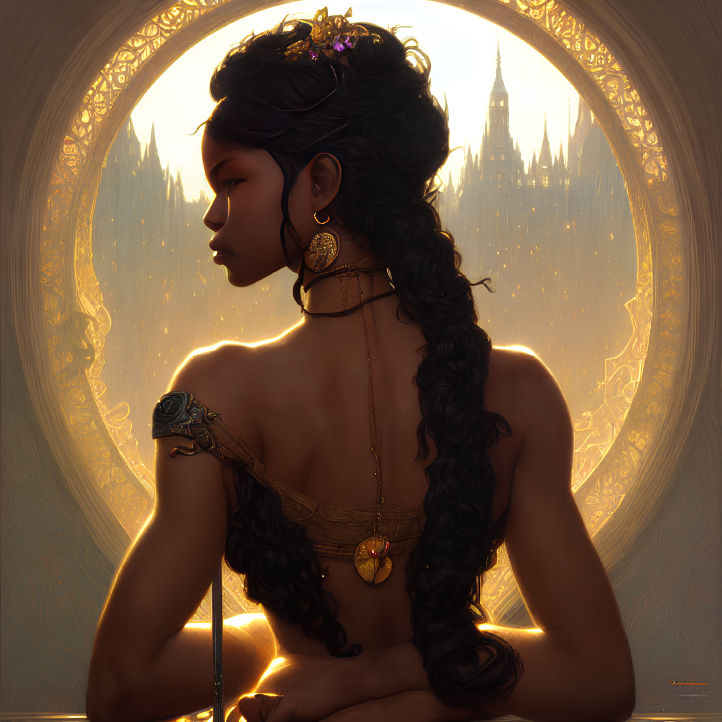 Digital Artwork: Elegant Woman with Braided Hair and Castle Silhouette