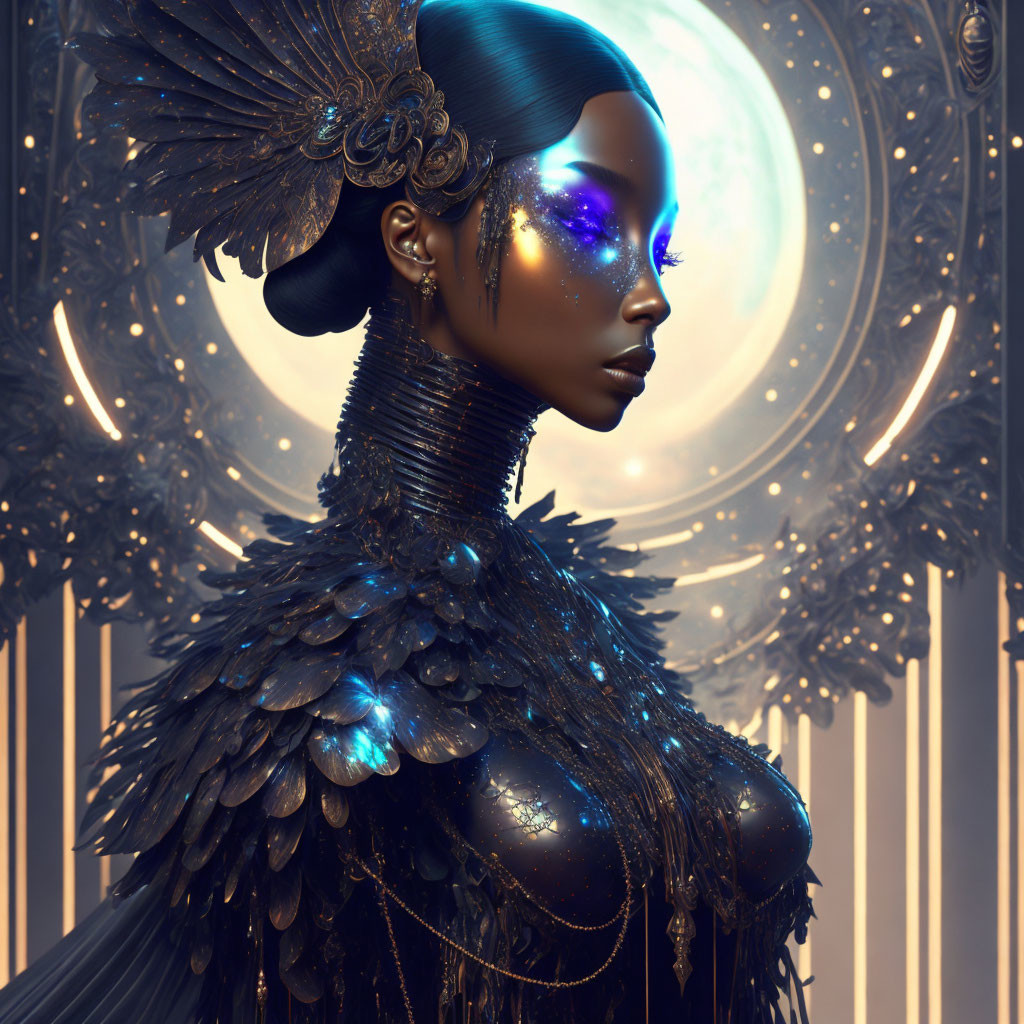 Blue glowing skin, feathered headdress, cosmic backdrop: Futuristic woman in elaborate outfit