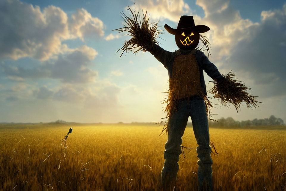 Scarecrow with glowing jack-o'-lantern face in golden field