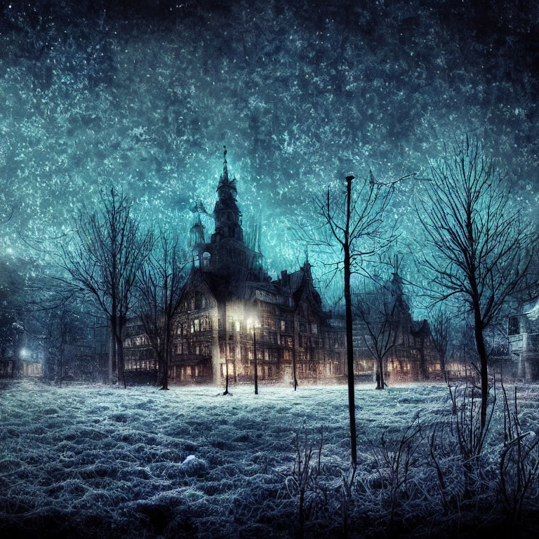 Ethereal night scene with frost-covered field and illuminated old building