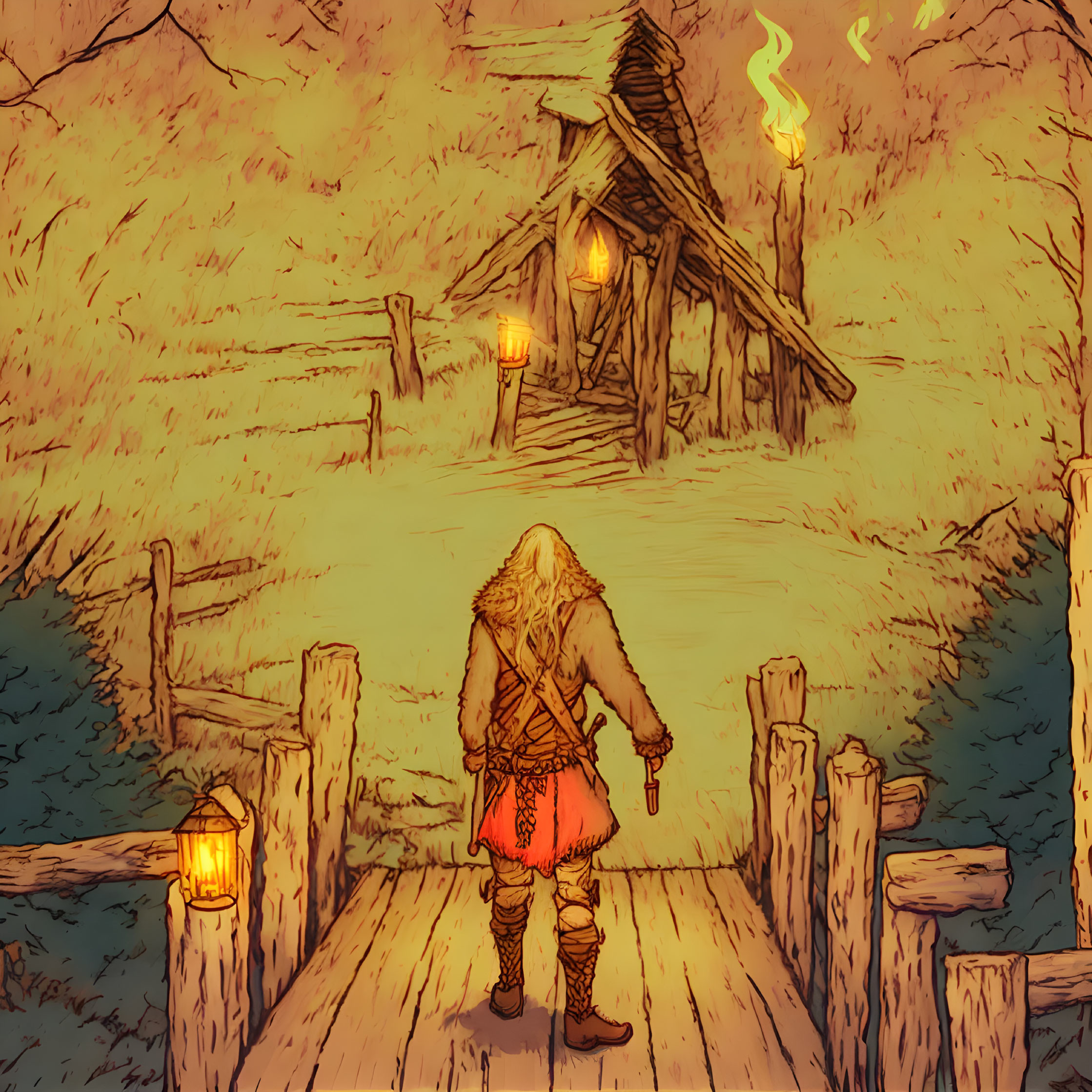 Illustrated warrior with sword near rustic cabin at dusk