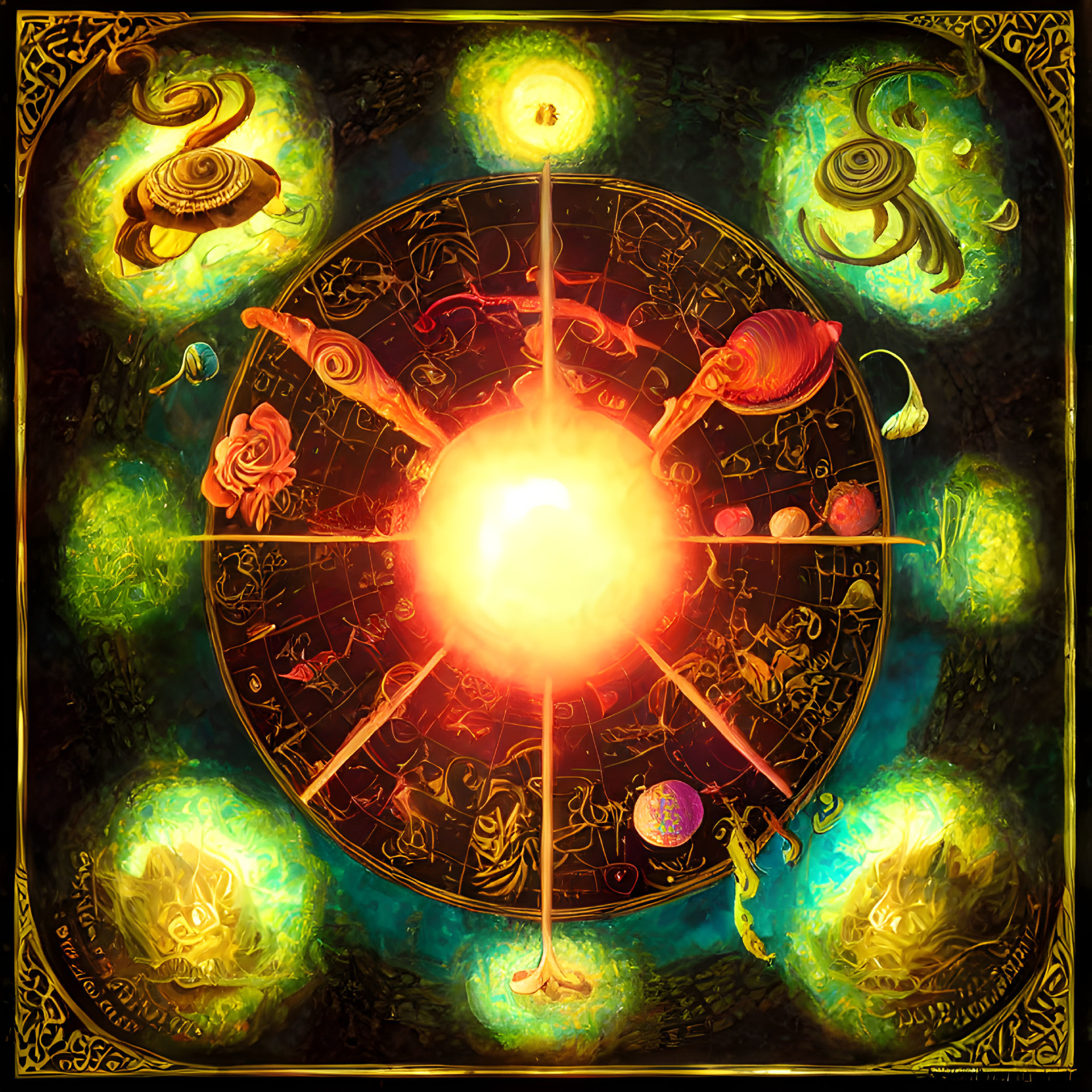 Colorful mythical solar system with glowing sun and celestial bodies