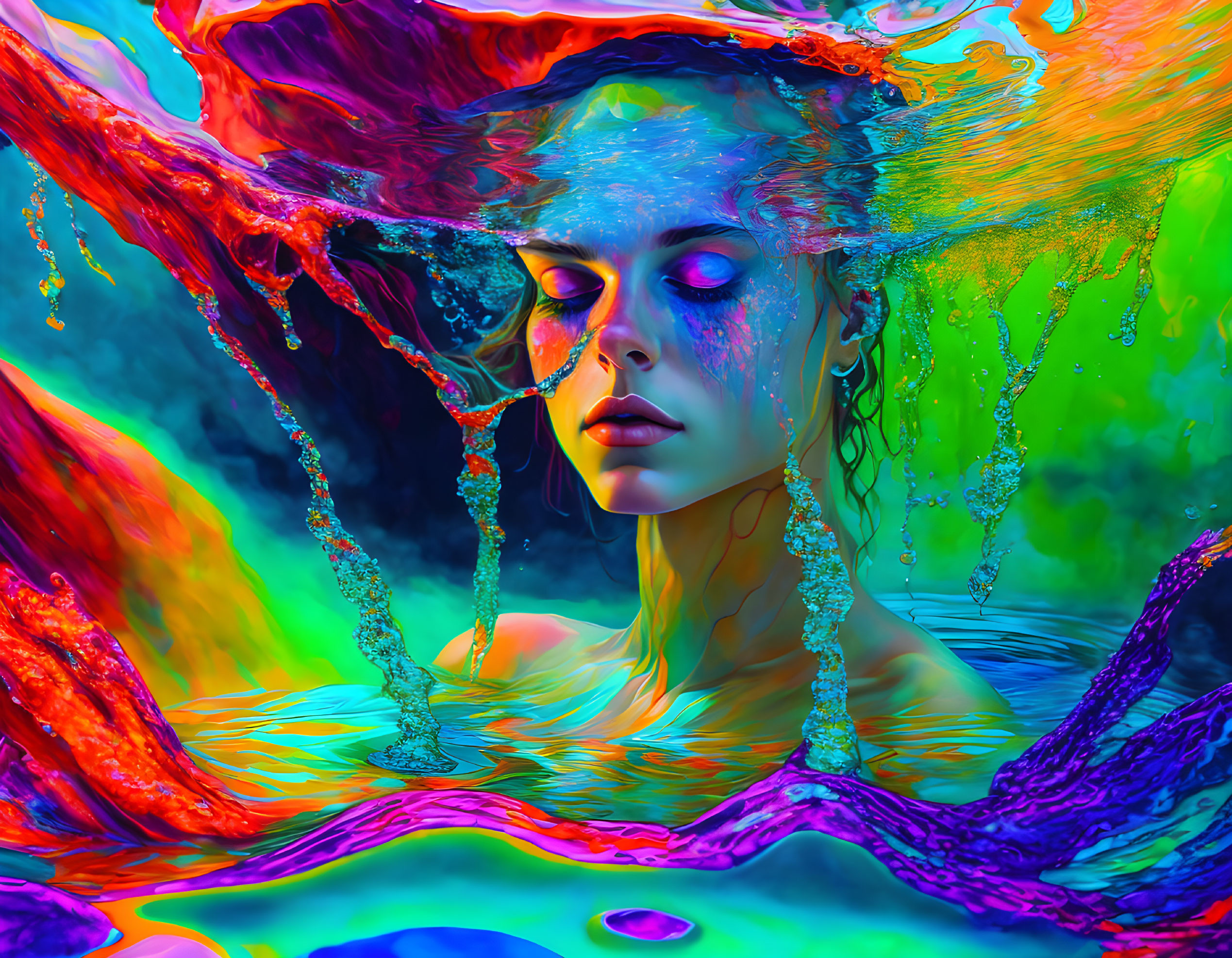 Vibrant surreal portrait with multicolored liquid splashes