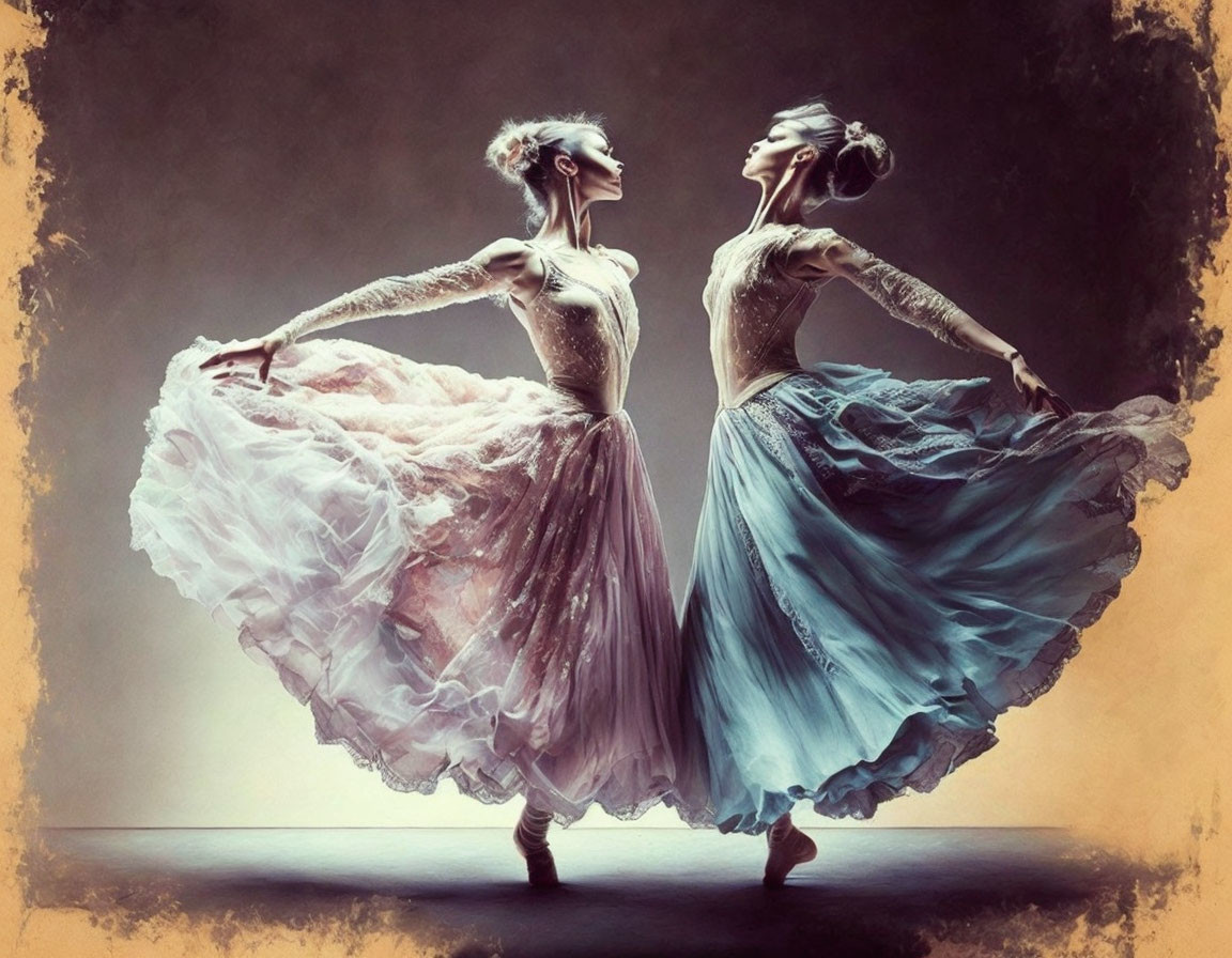 Two ballet dancers in flowing dresses pose back-to-back with extended arms,  creating elegant mirror image against warm | Deep Dream Generator