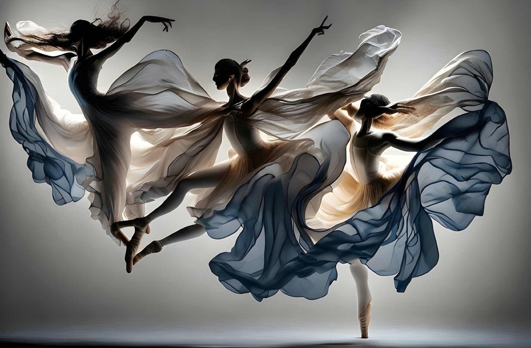 Three dancers in flowing dresses create dynamic shapes and silhouettes