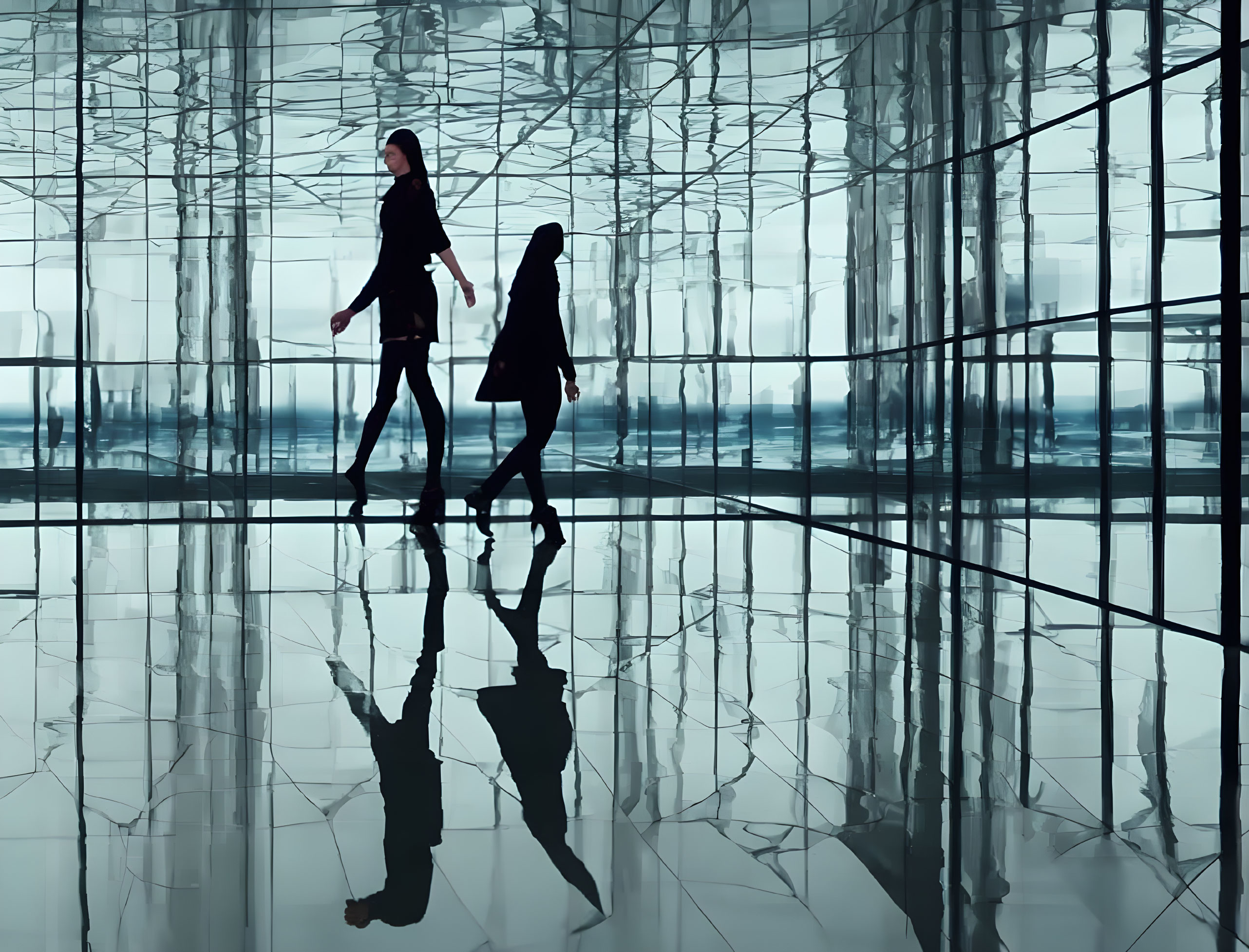 Silhouetted individuals walking in modern building with glass walls.