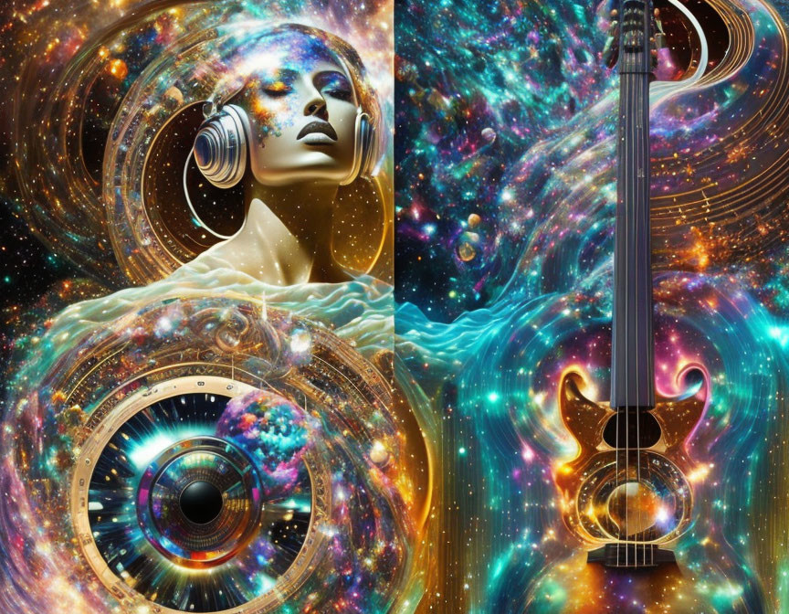 Surreal cosmic artwork: woman with headphones and guitar in space